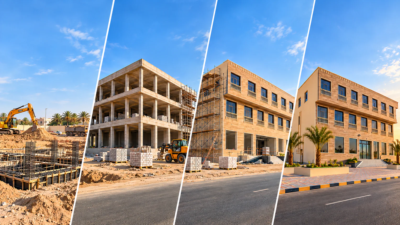 Four-stage visual reconstruction of the Suwaiq building project from foundations to completion.